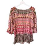 Rebecca Minkoff Silk Colorful Ruffle V Neck 3/4 Sleeve Top Pink Yellow Size 8 Photo 1