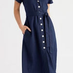 Quince NWT  100% European Linen Button Front Navy Blue Dress S - Sew Xtra button Photo 0