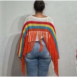 Rainbow Crochet Mesh Fringe Crop Top Poncho Sz S White Photo 7