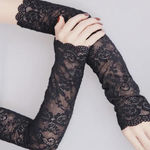 Black Gothic lace fingerless gloves with a floral lace design, Photo 5