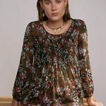 Maje  Paris Green Floral Lo Fleur Crepe Georgette Top Sheer Smocked Blouse Large Photo 0