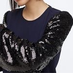 J.Crew  Black Sequin Sleeve Crepe Blouse in Navy Size Medium Holiday Preppy Photo 3