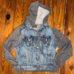 American Eagle Jean Jacket Hoodie S | Distressed Denim Knit Sleeves Hood Photo 0