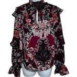 Bebe Gorgeous Long Sleeve Ruffle Trim Blouse Dark Plum Paisley Print EUC Medium Photo 1