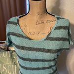 Maurice's  black & blue semi-sheer striped top with keyhole back. Photo 1