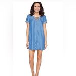 Lucky Brand  Chambray Blue Denim Dress Lace Up Short Sleeve V-Neck Large Photo 2