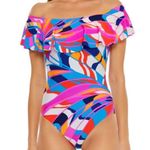 Trina Turk  Rio Off The Shoulder Ruffle One Piece Swimsuit Pink Blue Photo 0