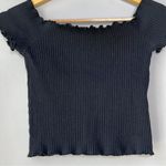 ZARA  Trafaluc Off the Shoulder Black Ribbed Short Sleeve Lettuce Hem Crop Top Photo 4