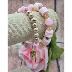 None Lot of 2 Artisan Made Gold Tone & Pink Beaded Stretch Bracelet Shark Tooth Charm Photo 2