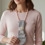 “Dainty Dapper” gray necktie necklace with blue and pale pink design and brooch Photo 0