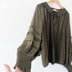Ramy Brook Merry Ruffle Smocked Split Tie Neck Blouse Top in Olive Green Photo 2