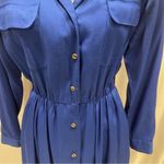 Vintage royal blue midi button front shirt dress chest pockets mod pleated Photo 2
