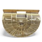 Bamboo Half Moon Arc Handbag Wooden Summer Retro Woven Summer Beach Purse EUC Brown Photo 1