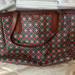 Fossil  Sydney Tote Geometric print/leather trim. Green, pink,red and dust bag Photo 0