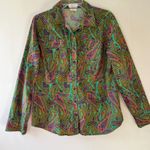 Van Heusen Sz L Button Front Blouse Top Funky Green Paisley Pockets Shirt Photo 7