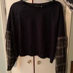 Mustard Seed Navy Top with Plaid Sleeves Photo 0