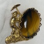 Rare Charming Vintage Tigers Eye Man Mining Gold Tome Pin Brooch Gold Photo 2