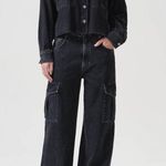 AGOLDE Black Denim Cropped Trucker Jacket Distressed Raw Hem Womens M Photo 0