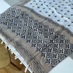 Vintage Tan White Brown Block Print Scarf with Fringe Photo 2
