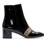 ZARA Black/Gold Patent Leather Side Zip Almond Toe Chunky Block Heel Ankle Boots Photo 0