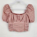 Vestique Pretty in Plaid Cropped Top with Puff Sleeves Size M Rose Pink Photo 0