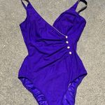 80s Longitude Royal Purple Ruched Faux Button Madonna One Piece Swimsuit 14 TALL Size L Photo 2