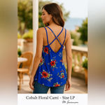 PaperMoon Basima Back Detail Knit Top – Cobalt Floral – Size Petite L EUC Photo 1