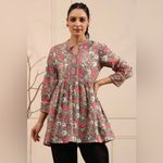 Rain & Rainbow Floral Top Kurti Tunic Peplum Cropped Sleeve Small Women Blouse Pink Photo 2