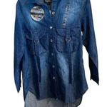 Thrill blue jean button down casual western d ring strap pocket dress shirt Size M Photo 0