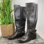 Unisa  Brown Zip Up Knee Length Gold Chain Block Heel Faux Leather Boots 7.5 Photo 0