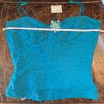 Bebe silk teal dressy top with jeweled broach Photo 5