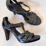 Boden Blue Leather Strappy Heels Women’s 7.5 Peep Toe Lime Green Trim Fall Photo 9