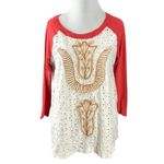 Free People  Bohemian Embroidered Eyelet Baseball Raglan Tee Top Small Red Cream Photo 1