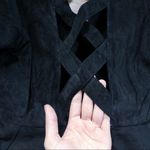 vintage • 1980s black suede leather dress sheath plunge neck criss cross open Photo 11