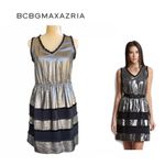 BCBG MaxAzria Shimmering Metallic Silver Black Dress Size XS Silk Blend Cocktail Photo 1