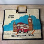 Greetings From London Big Ben Bus Souvenir Tote Bag Wooden Handle Retro Travel Tan Photo 0