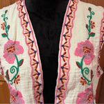 ZARA Floral Embroidered Open Front Lined Cotton Vest Ecru Pink Purple Size Large Photo 10