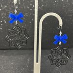 Geometric Black and Blue Bow Dangle Earrings Photo 3
