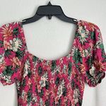 Hot Pink Floral Smocked Mini Dress S Puff Sleeves Tropical Barbie Coconut Girl Photo 5