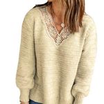 Dokotoo Beige Lace V Neck Ribbed Pullover Sweater Size M Photo 0