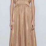 ZARA Copper Satin Midi Dress Gold Shiny Fit And Flare Short Puff Sleeves Large Photo 0