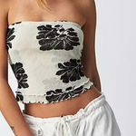 Free People  Poppy Tube Top Cream and Black Floral Smocked Back Size M Photo 0