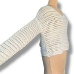 None Oatmeal Cream Crochet Cropped Knit Open-Weave Vneck Oversized Pullover Sweater Photo 4
