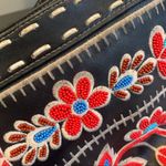 Isabella Fiore Black Leather Floral Beaded Tote Bag Photo 5