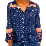 Wonderly  Blouse PS Petite Small Navy Floral Tie Neck Long Sleeve Bohemian Photo 0