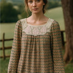 Free People  New Romantics Top Womens XS Brown Striped Lace Beaded Boho Prairie Photo 0