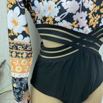 Floral Long Sleeve Black White & Orange Cutout 1 Piece Swim Bathing Suit M Size M Photo 1