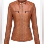 Springrain Camel Faux Leather Moto Jacket, Quilted Zip Pockets, Lined Medium Tan Photo 0