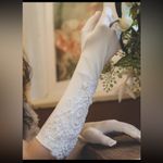 New white stretch satin beaded mid elbow length gloves Photo 2