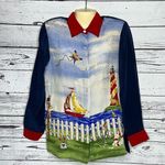 Quacker Factory NWT Size XS Beach Sailboat Sequin 100% Silk Button Up Blouse Top Photo 0